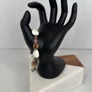 Vintage 925 marked Cream and Brown Beaded Bracelet with Earthy Accents lot C13